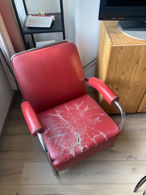 Gelderland Brand Red Leather Lounge Chair und Green Leather Sofa zu verkaufen