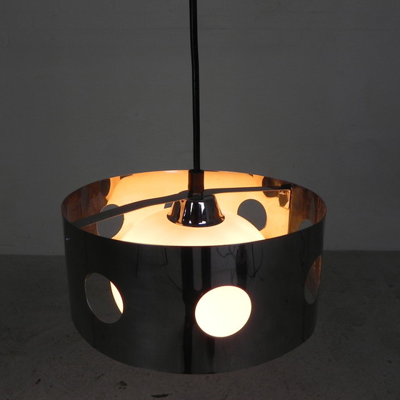 Image 1 of Vintage Hanglamp Met Chromen Cilinder En Glazen Bol