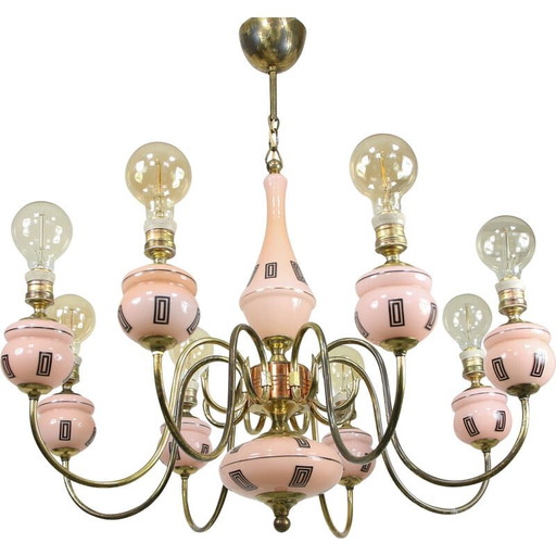 Mid Century kroonluchter van messing en glas