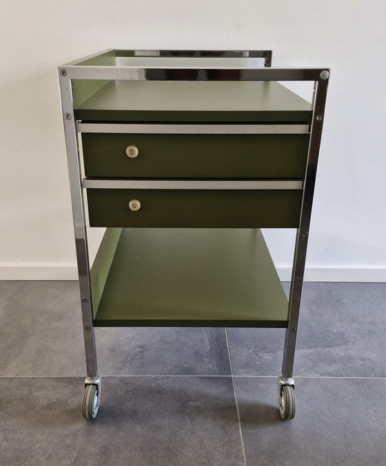 Chariot Vintage (Hôpital), Vert Olive, 2 Tiroirs – Ultrason, Dessertes, Chrome, Metal (photo 6 of 13)