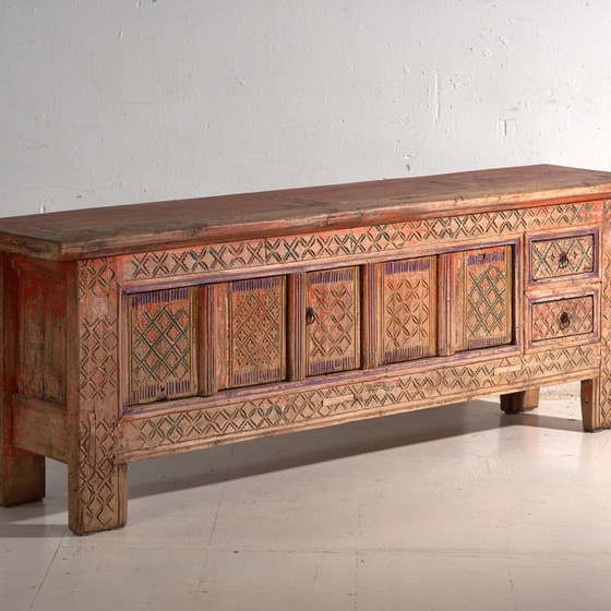 Antiker geschnitzter polychromer Unterschrank aus Tanne – Xinjiang, ca. 1900 – Sideboard (photo 4 of 39)