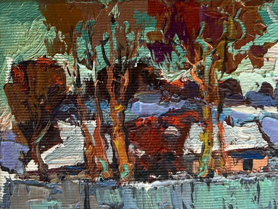 Image 1 of Original Oil Painting Winter Village Landscape The village was covered in snow