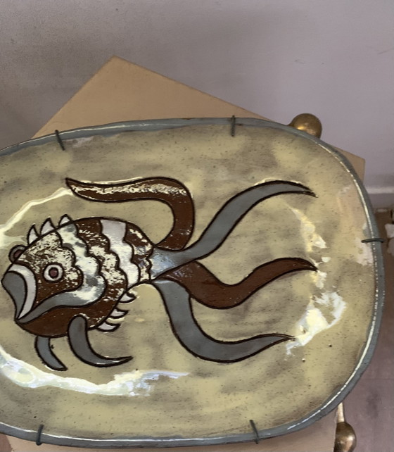 Large stoneware wall plate – champlevé fish decor – 50s-60s (Vallauris / Derval / Agard style) erased (photo 5 of 15)
