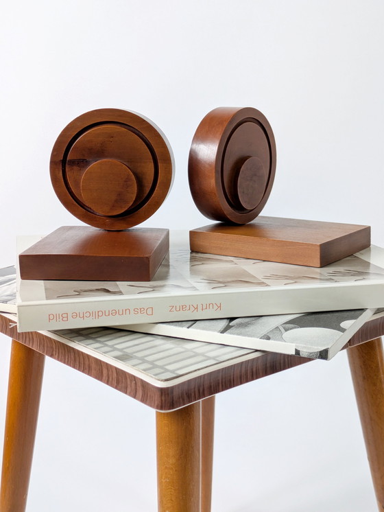 Image 1 of Paar Vintage 1960er Jahre Bauhaus-Stil Teakholz Buchstützen, Deutsch Mid-Century Modern Design