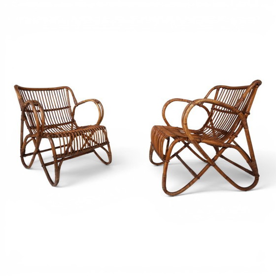 Image 1 of Frans paar vintage loungestoelen van rotan en bamboe, 1960
