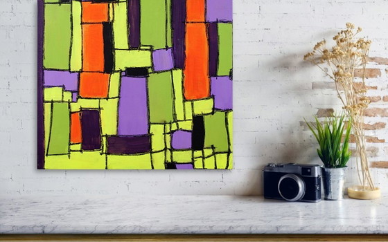 Image 1 of Modern abstract green, yellow, purple and orange mixed media painting
