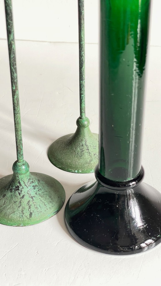 Image 1 of Vintage Glass and Metal Candle Holders Green