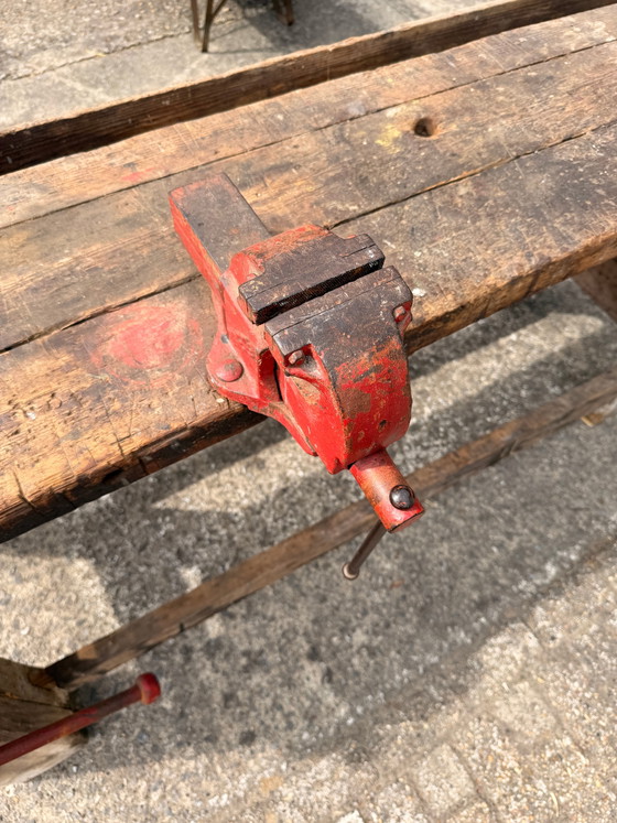 Image 1 of Solid Wood Carpenter’s Workbench with Original Cast Iron Vice