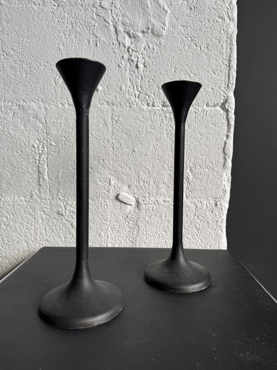 Image 1 of Black Memphis-style candlesticks from the 1980s