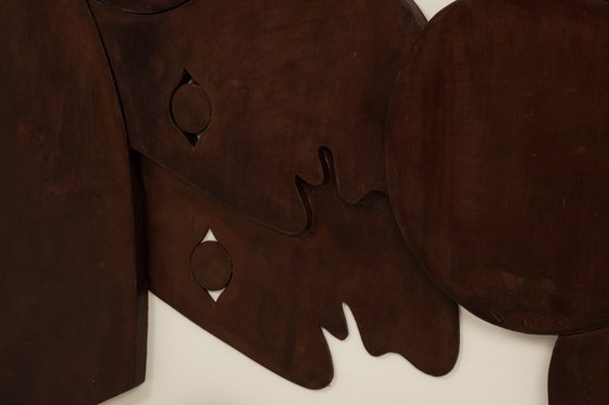 Image 1 of Bas-relief panel "The Twins" in patinated wood. Contemporary