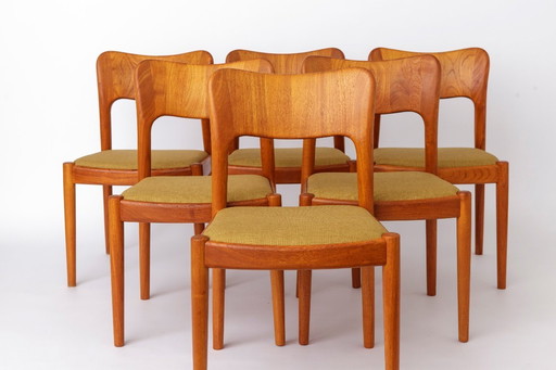 Set van 6 Niels Koefoed "Ole" eetkamerstoelen, Deense Mid Century Teak stoelen jaren 1970, Koefoeds Hornslet Vintage stoelen