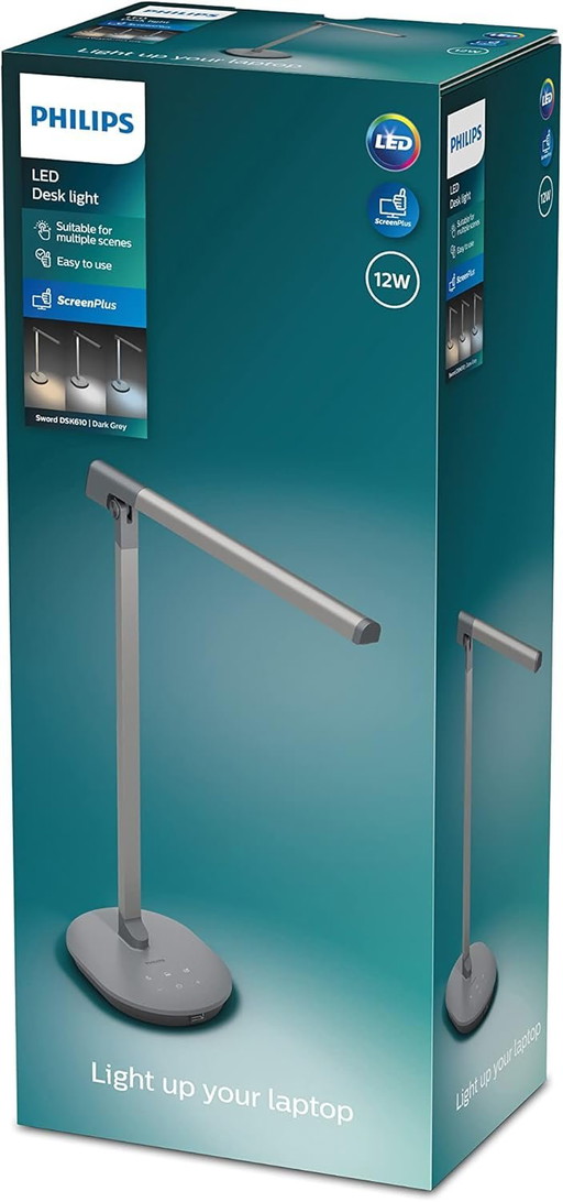 Philips lampe de bureau Sword 12W, 3 intensités, 6500/4000/2700 Kelvin, USB, noire