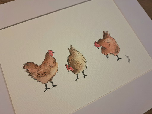 Original watercolor painting of three chickens | with frame