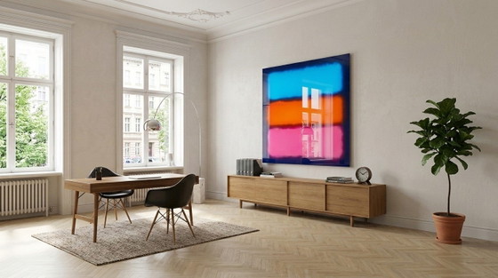 Abstract color field painting in baby blue, orange, and pink | Fluorescent style | XXL 0.5 cm acrylic glass (photo 4 of 4)