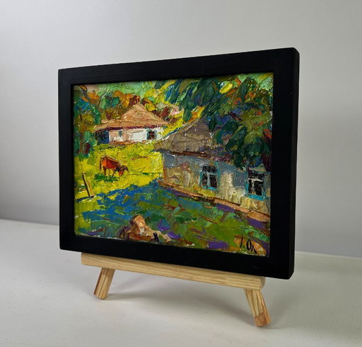 Original Oil Painting Summer Village Landscape Work silence under the evening sky