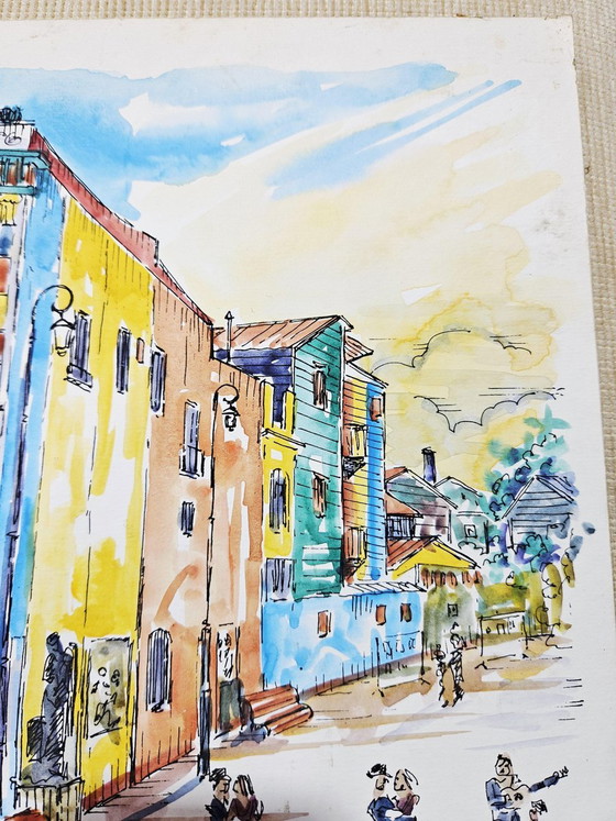 Jorge Alio, Caminito, Buenos Aires, Argentijnse Tango, 2000, Originele Aquarel – Schilderijen & Tekeningen (photo 4 of 8)