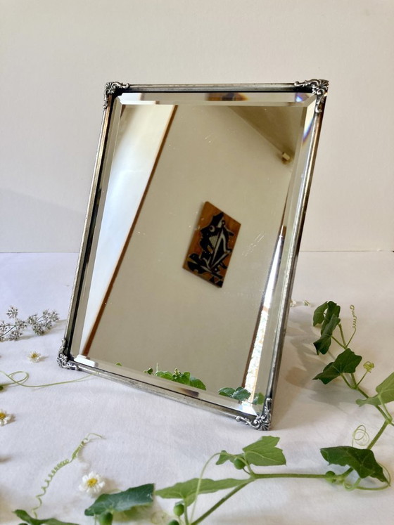 Image 1 of Antique framed mirror, beveled glass and silver-plated metal frame, 1930s-1940s