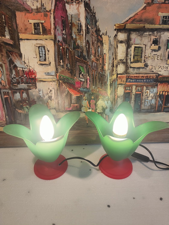 Image 1 of 2 lampes de table tulipe Vandeheg en verre vert/orange