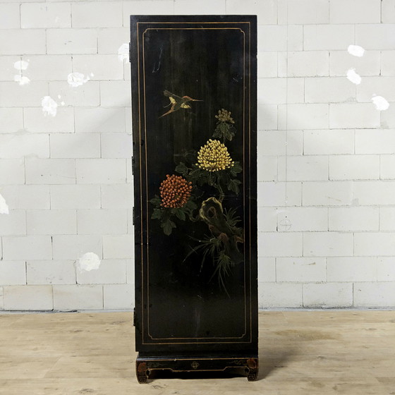 Image 1 of Vintage black Chinese lacquer cabinet with flowers and birds / bohemian / Asian / Oriental cabinet