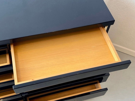 Image 1 of Commode en bois laqué bleu et laiton par Jean Claude Mahey vers 1970