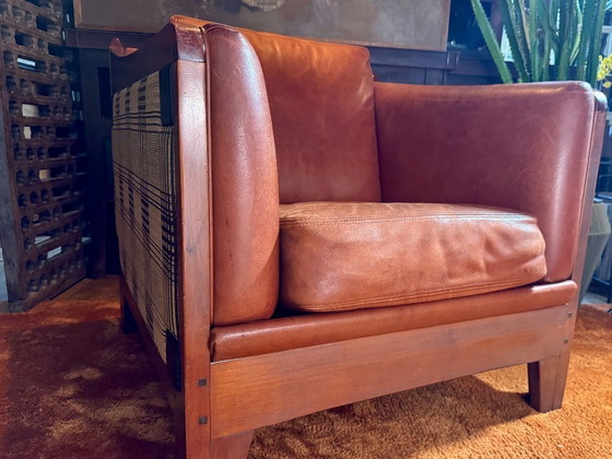 Image 1 of Schuitema Shaker comfortable club armchair in cognac aniline leather with graphic textile panels all around