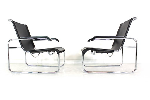 1A Gerestaureerde, vroege editie Marcel Breuer B35 / S35L Loungestoel / Sledestoel voor Thonet, Leer en Chroom, 1 van 2