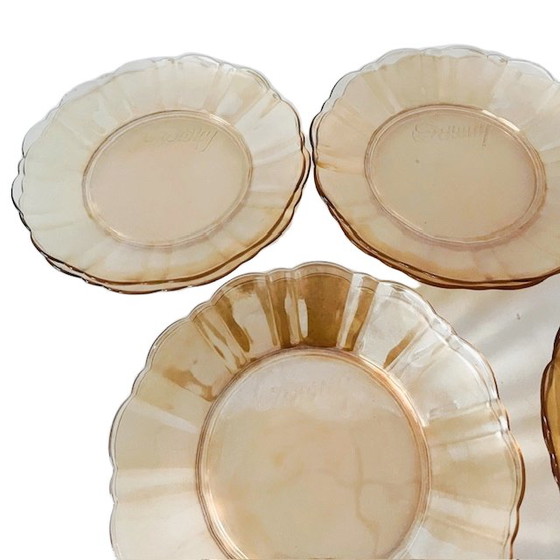 Image 1 of Service de dix assiettes à dessert Crowny, décor pêche nacré, années 1960