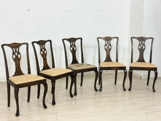 Image 1 of Set di 5 sedie Chippendale antiche / sedie da pranzo in pregiato mogano/noce, circa 1900