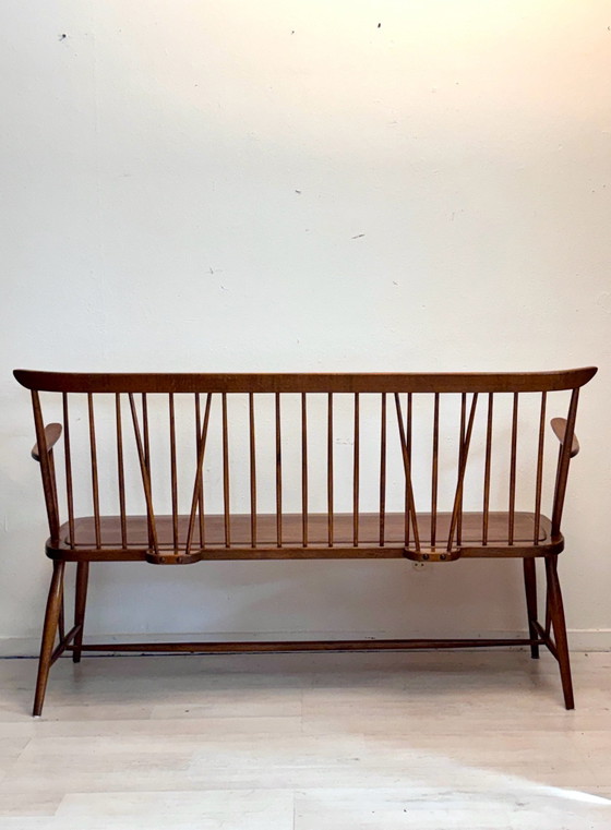 Vintage mid-century wooden slatted bench 1960s, Benches, Brown (photo 4 of 13)