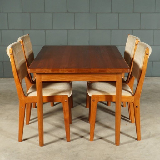Midcentury teakhouten eetkamerset – tafel – 4 stoelen