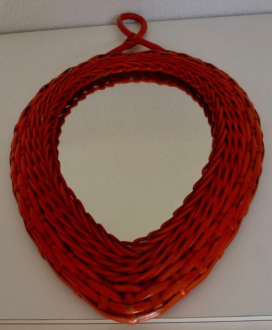Image 1 of Orange Vintage Retro Wicker Mirror In Heart Shape.