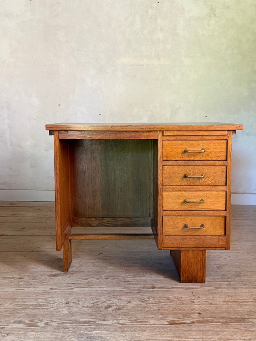 Vintage eikenhouten halfminister bureau – Brass, Art Deco (photo 2 of 11)