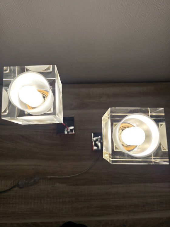 Image 1 of Pair of Minimalist "Ice Cube" Chrome Table Lamps by EGLO (Model 85206) – Y2K Architectural Elegance