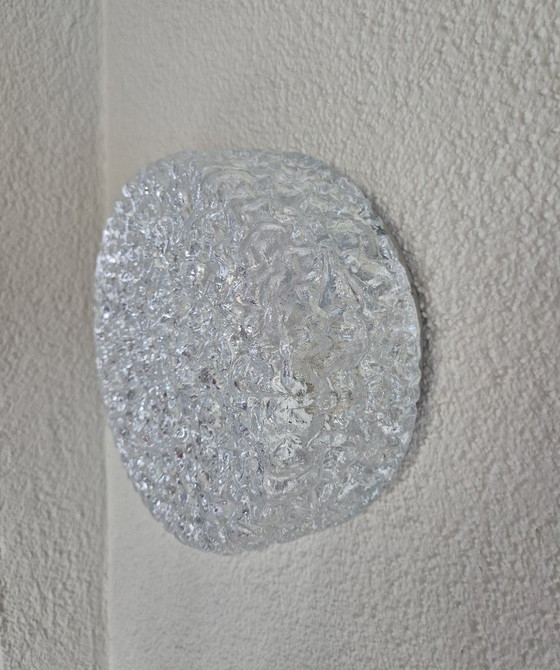 Image 1 of Pair of Glashütte Limburg 2791 Textured Ice Glass Flush Mount Ceiling / Wall Lights, Black Base, E27, Ø24.5 cm, Germany