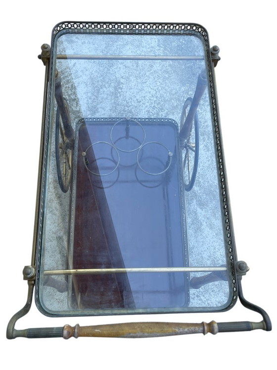 Image 1 of Carrello bar/carrello per bevande in ottone e legno, prodotto da Maison Jansen, Francia, anni '40.