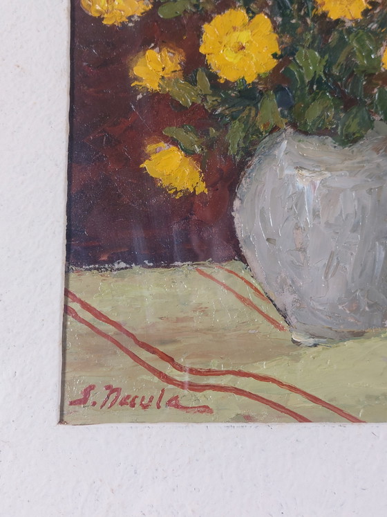 Image 1 of Magnifique peinture à l'huile, nature morte, vase de fleurs, années 1950, cadre sculpté à la main