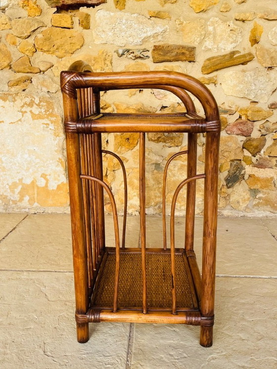 Image 1 of Mid-Century, Two-Tiered, Bamboo & Wicker Nightstand 1970s