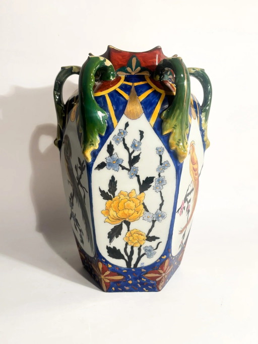 Czechoslovakian Ceramic Vase with Handles and Floral Motifs 1960s – vazen, Porcelain