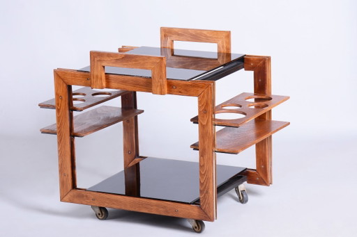 Carrito Art Déco restaurado, madera de haya, latón, cristal opalino, pulido nuevo, checo, década de 1950. – serveerwagens