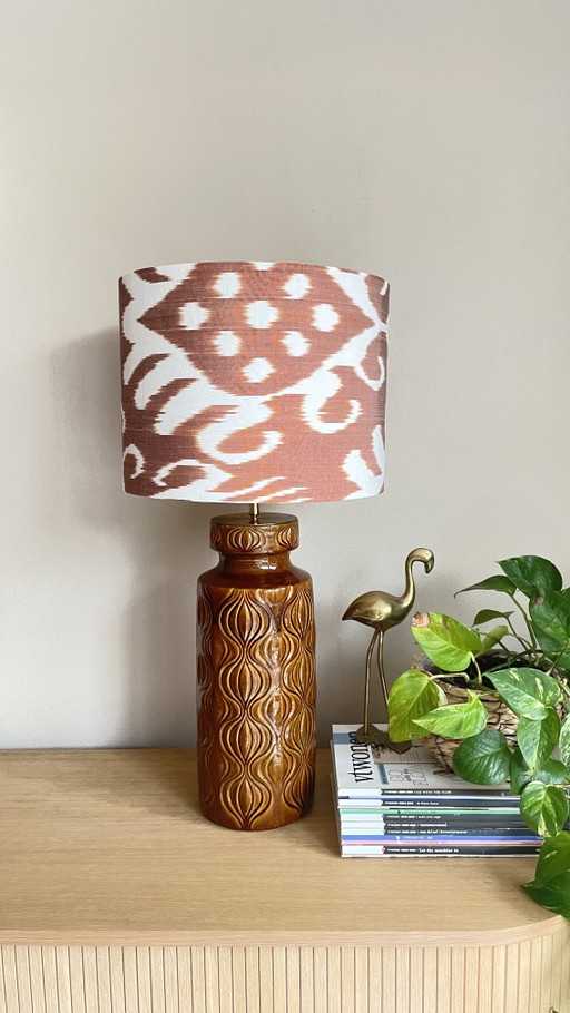 Lampe vase unique faite main – Vintage Scheurich (Allemagne de l'Ouest) avec abat-jour ikat et intérieur doré
