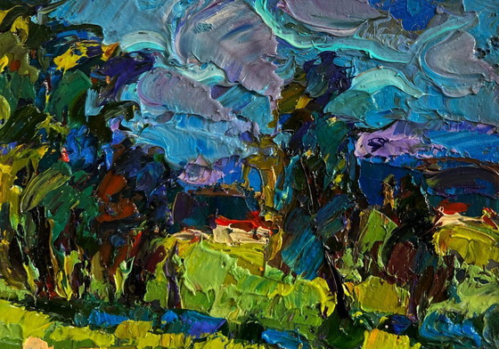 Image 1 of Original Oil Painting Summer Coastal Landscape Sunny day by the river