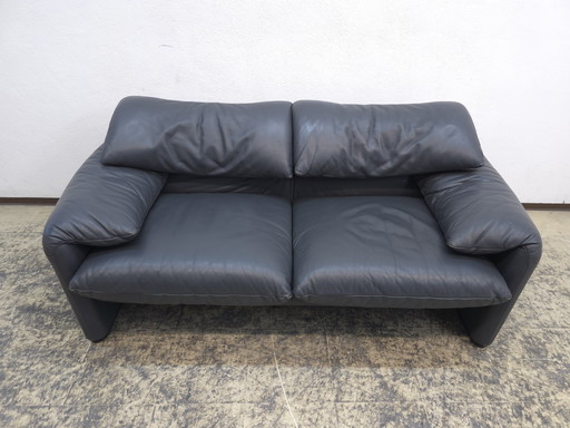 Cassina Maralunga two-seater designer sofa, leather sofa, couch, blue-grey, Magistretti