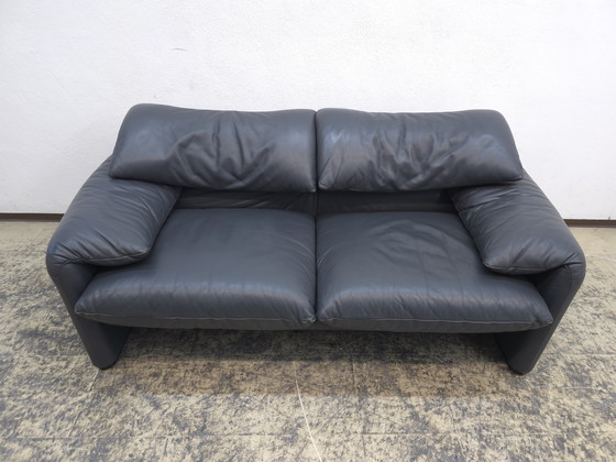 Image 1 of Cassina Maralunga two-seater designer sofa, leather sofa, couch, blue-grey, Magistretti