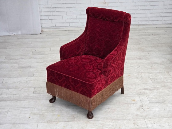 Anni '50, Poltrona vintage danese, velluto per mobili, legno di quercia., Poltrone, Rosso, Scandinavian (foto 7 di 15)