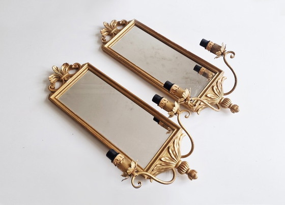 Image 1 of 2 Florentine wall mirrors with lights – gold painted, vintage