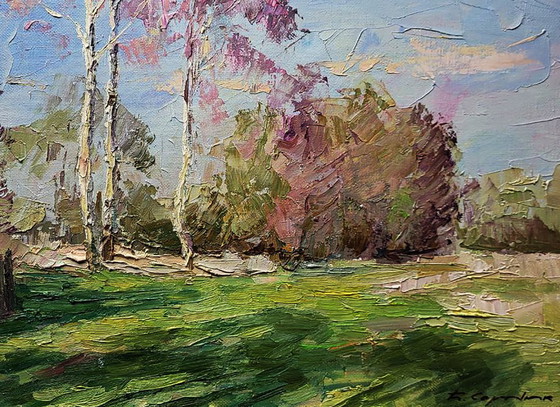 Original Oil Painting Nature Landscape Meadow Trees Outskirts, Paintings & Drawings, Canvas, Green (photo 7 of 7)