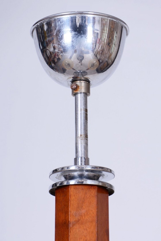 Lámpara de araña Art Déco restaurada, acero cromado, nogal, cristal, checa, década de 1920. (photo 4 of 8)