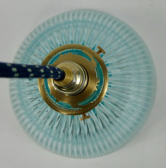 Image 1 of Ribbed ceiling lamp in light blue Holophane glass with brass shade support