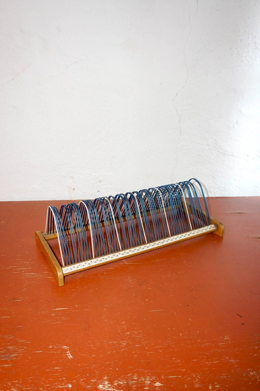 vintage 1970s plattofix lp rack * blue * german * record holder * steel wire & wood vinyl stand * mid-century modern album stora