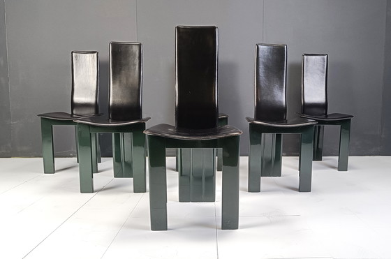 Image 1 of Set van 6 Italiaanse leren en groen gelakte eetkamerstoelen, jaren 1980